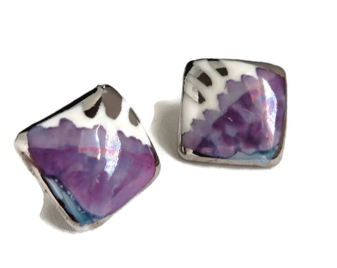 Abstract Square Studs, Vintage Purple White Silver Artisan Earrings, Pierced Studs, Modernist Earrings