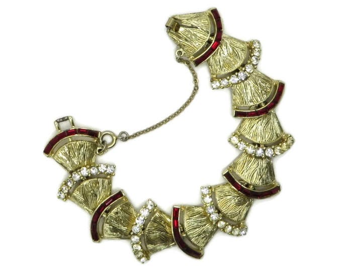 Coro Rhinestone Bracelet, Goldtone Link Bracelet, Red Baguette Bracelet, Fan Bracelet, Vintage Coro Pegasus Bracelet, FREE SHIPPING