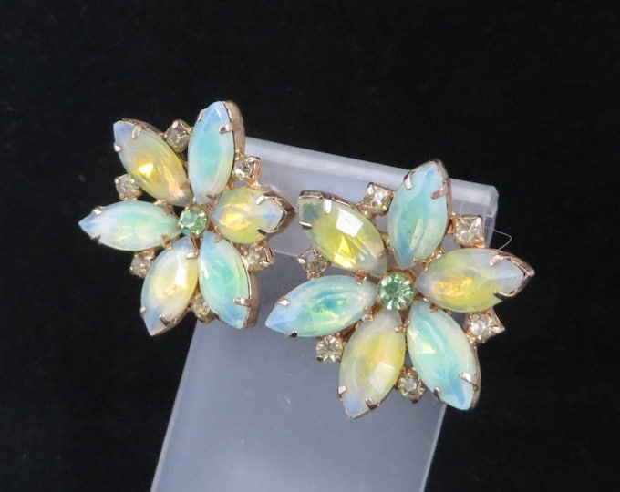 Kramer Pastel Rhinestone Earrings, Vintage Green & Yellow Earrings, Rhinestone Flower Clip-ons, Signed Kramer Jewelry