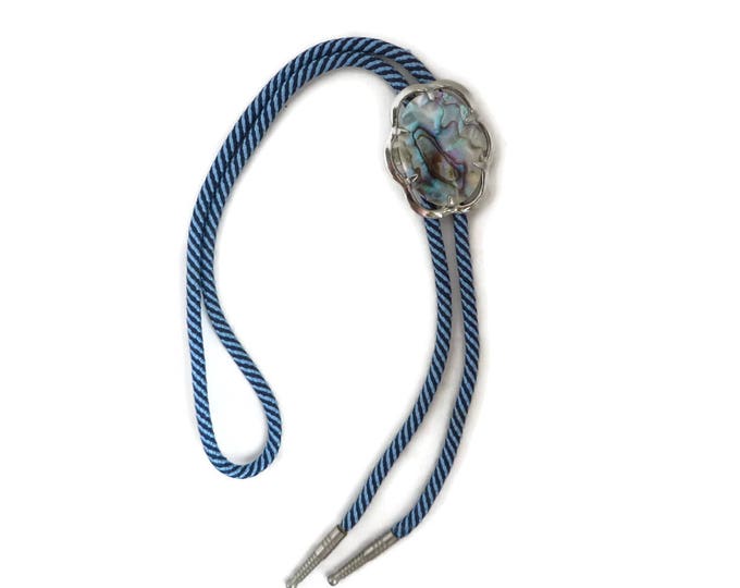 Abalone Shell Bolo Tie, Vintage Blue Striped Tie, Silver Tone Framed Abalone Pendant