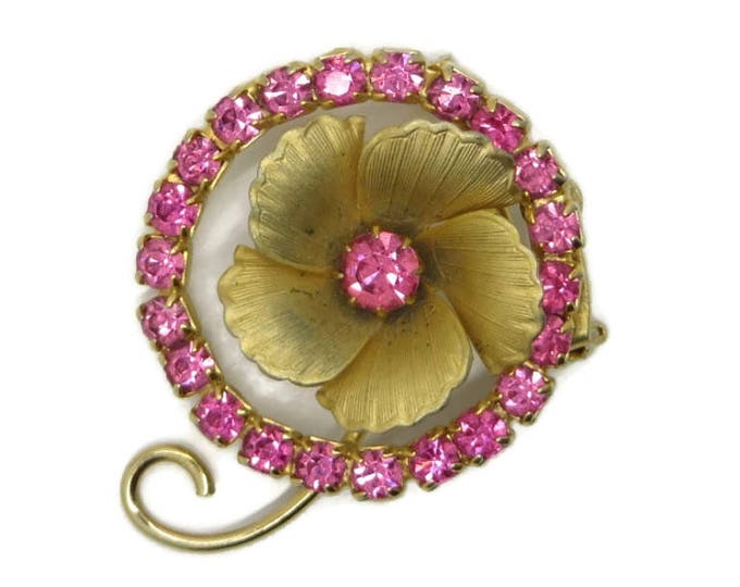 Pink Rhinestone Brooch, Vintage Gold Tone Floral Sparkly Circle Pin, Gift idea