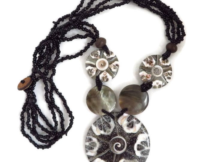 Black, Gray Bead Pendant Necklace, Vintage Boho Tribal Style Chunky Necklace