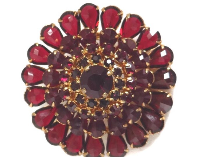 Vintage Red Austrian Crystal Brooch, Crystal Flower Pin, Gold Tone Austria Pin