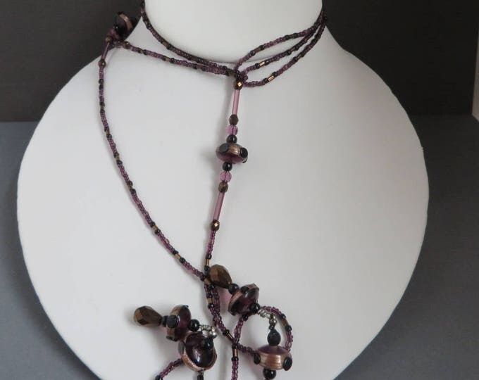 Glass Flapper Necklace, Vintage Purple, Bronze Beaded Long Necklace, Gift for Her