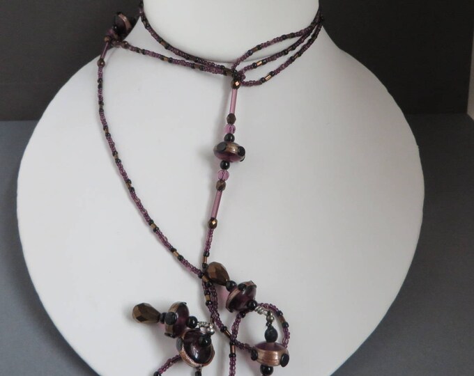 Glass Flapper Necklace, Vintage Purple, Bronze Beaded Long Necklace, Gift for Her