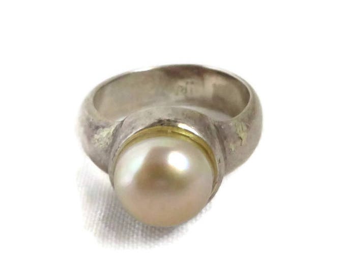 Vintage Pearl Ring, Sterling Silver Wide Band Antique Finish Estate Ring Size 6