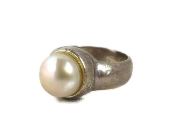 Vintage Pearl Ring, Sterling Silver Wide Band Antique Finish Estate Ring Size 6