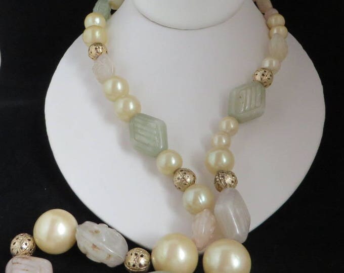Chunky Beaded Faux Pearl Necklace, Vintage Boho Jewelry