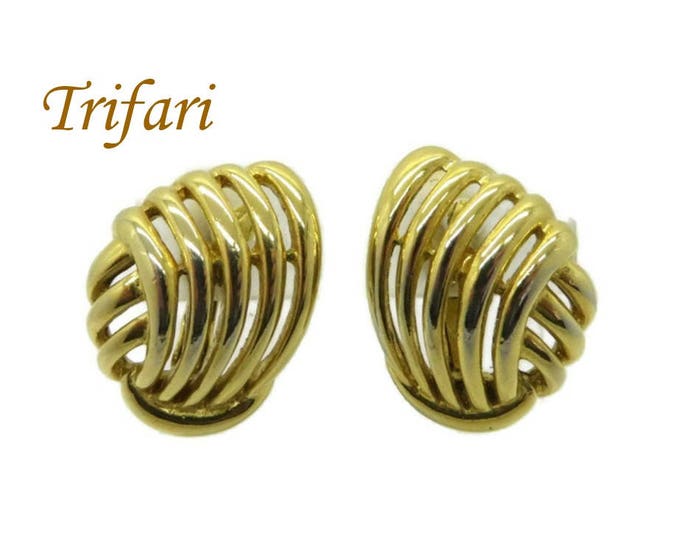 Earrings, Trifari Gold Tone Swirl Earrings, Vintage Clip-on Earrings, Signed Trifari Jewelry, Classic Costume Jewelry