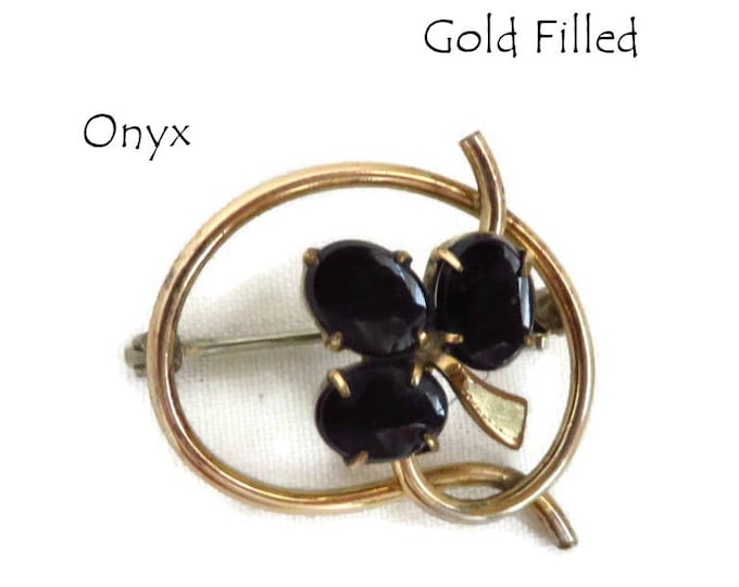 Onyx Gold Filled Brooch, Vintge 12K Gold Filled WRE Brooch, Gold Tone Flower Pin, Perfect Gift, Gift Box