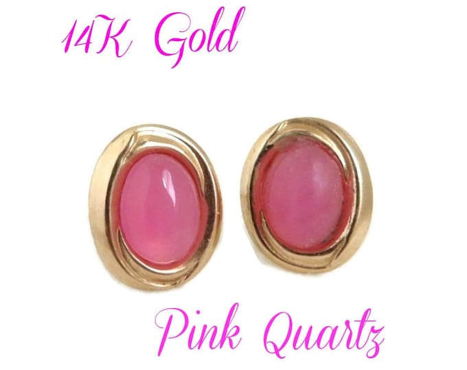 Gold Pierced Earrings, 14K Gold, Pink Stone Earrings - Vintage Oval Quartz Stud Earrings