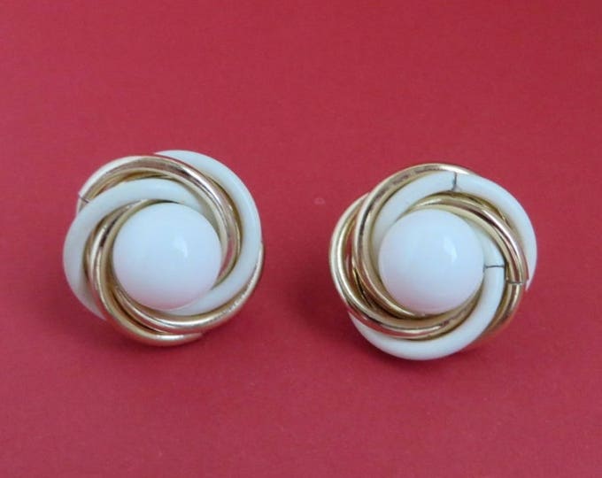 Trifari White Gold Earrings - Vintage Designer Signed Swirl Clip-on Earrings
