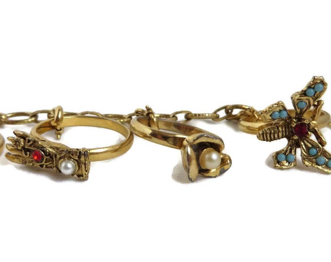 Vintage Charm Bracelet - Gold Tone Ring Charms Link Bracelet, Gift for Her