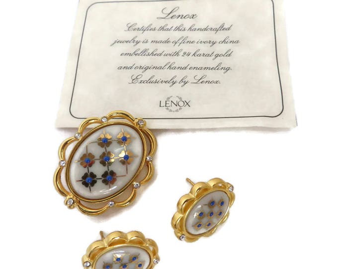 Lenox China Brooch, Earrings - Vintage Blue Dot Ivory China Demi Parure, Gift for Her, Gift Boxed