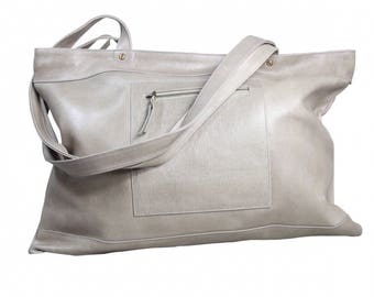 Taupe large khaki "Downtown" oversize leather tote bag