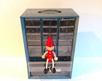 Vintage Blue Metal Cabinet with Plastic Drawers