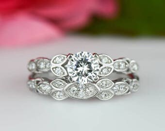 50% off 3/4 ctw Floral Wedding Set, Vintage Style Bridal Rings, Man Made Diamond Simulants, Engagement Ring, Art Deco Ring, Sterling Silver