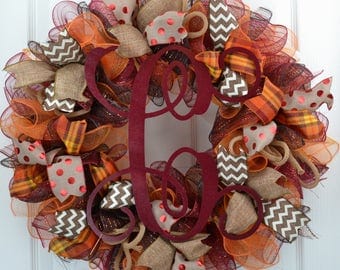 Thanksgiving Mesh Wreath - Fall Wreath for Front Door - Letter Fall Wreath - Fall mesh wreath with Monogram - Fall Wreath with Initial