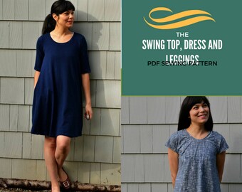 Swing Top, Tunic and Dress, plus leggings: PDF Printable sewing pattern and tutorial. Pattern available in sizes 4 to 22 with a PDF letter