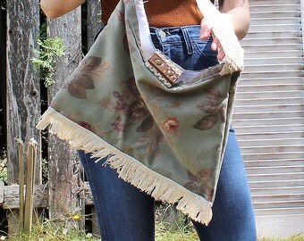 Handmade. Floral/fringe/sage/green/purse/handbag. Boho/pretty/hippie/country girl. Cute!