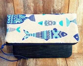FISH FOLDOVER CLUTCH Denim Linen Cotton Canvas Sturdy Practical Knitting Crochet Project Bag Storage Organiser Case Cosmetic Makeup Beauty