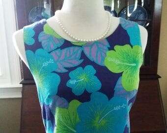 Vintage 60's 70's Hawaiian Maxi Dress by Pomare Tahiti vintage size 14 Purple, Lime, Aqua and Navy Blue Island Princess Dress