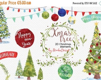 SUMMER SALE - 55% OFF Christmas Cliparts, Watercolor Christmas Clip Art, Christmas Tree, Watercolor Overlays, Winter Card Elements Commercia