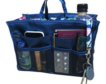 Luxury Purse Insert, Purse Organizer, Bag Organizer, Handbag Organizer, handbag organiser - Navy Blue satin, floral lining