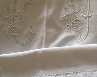 The most beautiful French linen dowry sheet. Top quality. Exquisite embroidered initials.