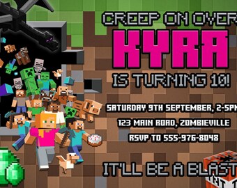 MINECRAFT Birthday Invitation Digital Printable 5x7 Party Girls Mine Craft Pink Ender Dragon Invite Custom DIY