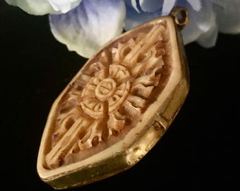 Antique Chinese amulet hand carved bone pendant necklace brass encased early 1900's