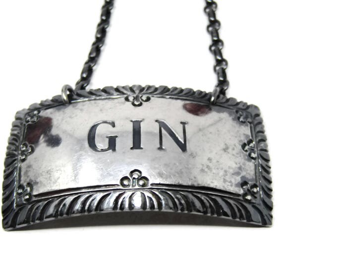 Stieff Gin Decanter Tag Sterling Silver - Vintage Barware Metal Chain Gin Tags - Retro Sterling Silver Liquor Labels Bottle - Decanter Charm