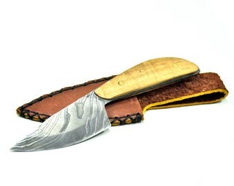 READY TO SHIP / Damascus Knife / Hand Forged Knife / Hunting Skinner Knife / Pattern Welded Steel / Leather Sheath / Wooden Handle