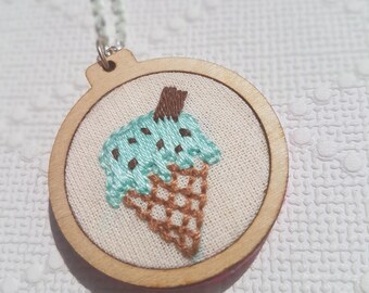 mint choc chip ice cream necklace, embroidered necklace, hoop necklace, modern embroidery, summertime, gift, ice cream, fibre art