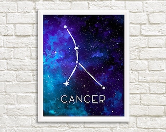 Cancer Constellation, Art Print, Watercolor, Blue, Aqua, Aquamarine, Night Sky, Space, Stars, and Horoscope, Digital File, Instant Download