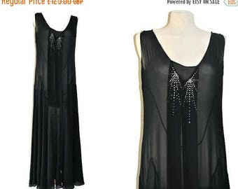 Summer Sale 1920's Black Flapper Dress // Antique Art Deco Evening Dress// Vintage Silk Chiffon Evening Dress with Rhinestone Detail// Size