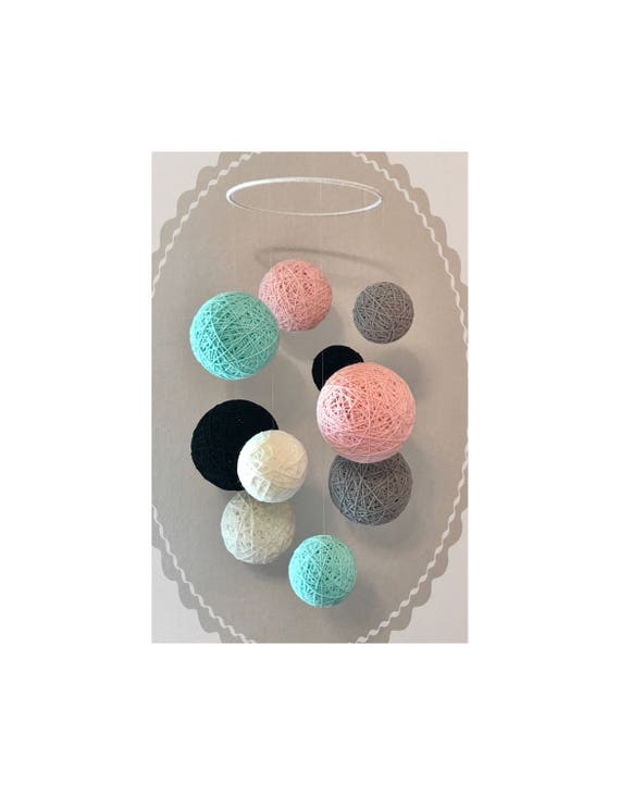 Yarn Ball Mobile in Aqua Blush Gray Black and Off White