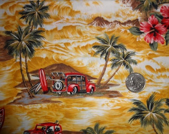 Hawaiian Surfboard Woody Palm Trees Printex Cotton Quilting Fabric 1 yd + 16"