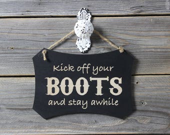 chalkboard, laser engraved,hanging sign,sign,chalkboard sign,front door,kick off your boots,funny,humor,door knob,door knob hanger