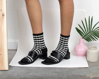 What's Gucci Block Heels / 90s Sandals / Leather Slides / Minimalist Black Designer Strappy Heels / Size 7