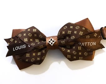 Upcycled New LOUIS VUITTON Ribbon & Monogram Brown or Black Ribbon on Black, Blue, Coffee, Red Mens/Womens Bow Tie Rhinestone Bow Tie Collar