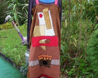 trapeze dress velvet brown/gold with Red Suspenders with abstract design