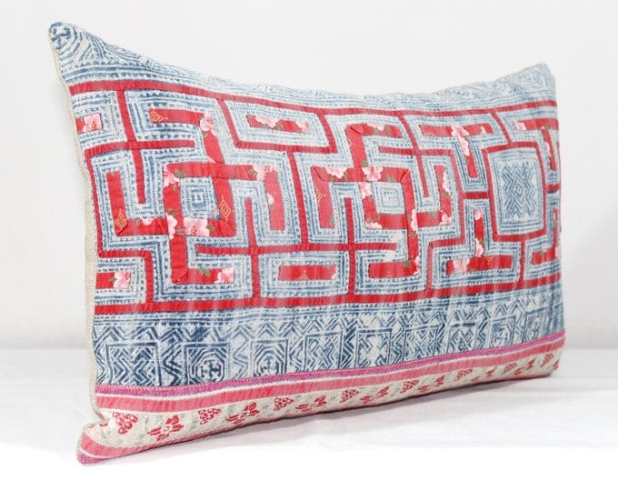 12"x20" Vintage Indigo Hmong Hemp Pillow Cover / Exotic Textile Boho Hand Made Pillow Case / Ethnic Costume Textile Pillow