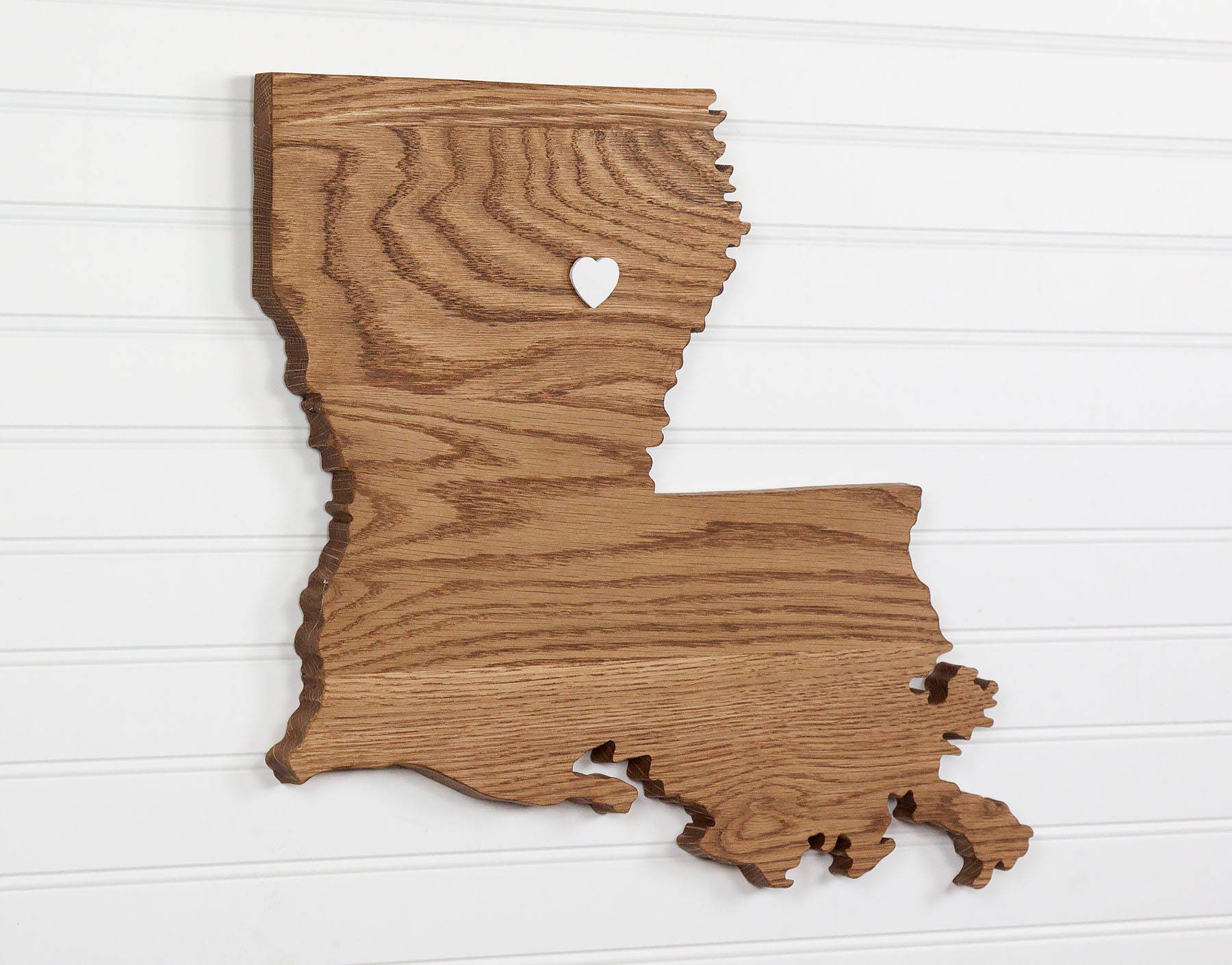 Louisiana state shape wood cutout wall art with heart or star.