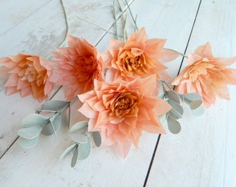 Set of five peach dahlias and two leafy branches
