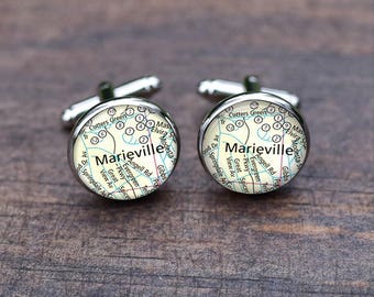 Marieville map cufflinks, Custom any city Map, match locations, Wedding Silver Mens Gifts, Unique popular gifts