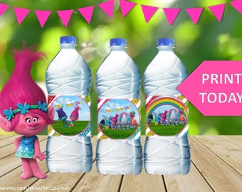 Trolls Water Bottle Wrappers, Instant Download, Glitter Trolls Party, signs, centerpiece, coordinating items avail for purchase, labels