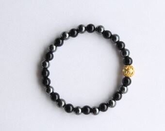 Men's Bracelet, Black Onyx, Hematite with Gold Bali Bead