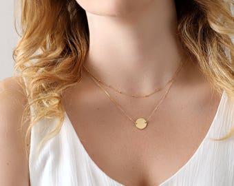 Gold Circle Necklace - Personalized Hammered Disc - Monogram Circle Disc Necklace - Suspended Circle Necklace
