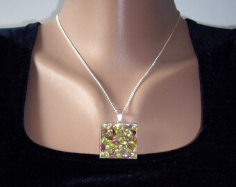 Peridot necklace Pink tourmaline necklace Green pink gemstone necklace Gift for wife Jewelry gift Mom gift Square necklace Mothers day gift